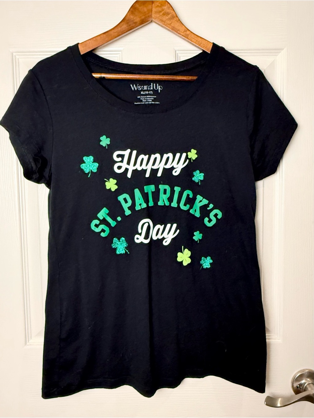 St. Patrick's Day Black Tee with Green & White Graphic